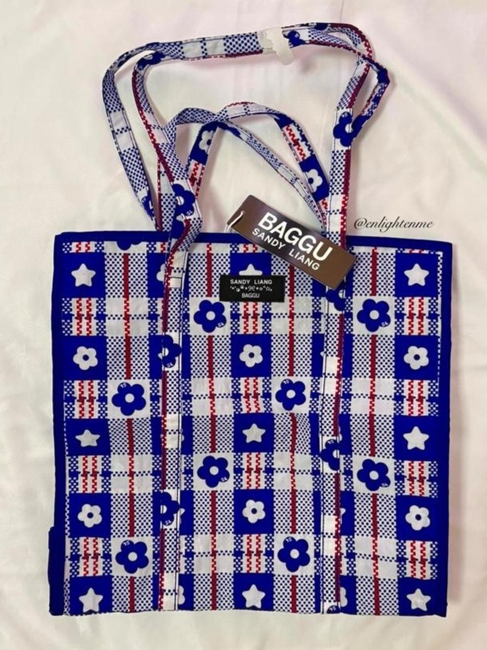 Baggu x Sandy Liang Large Nylon Market Bag in Market Plaid Blue